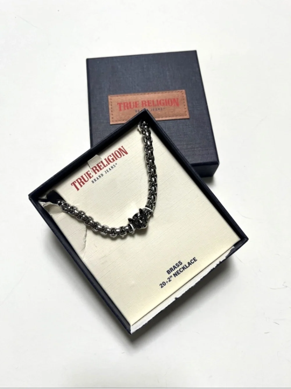 True Religion Men's Tiger Head Brass Necklace Silver Tone 20